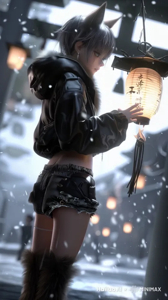 游戏cg风格，猫女轻轻抚摸灯笼，猫女慢慢靠近灯笼，电影运镜 by Hailuo AI Video Generator