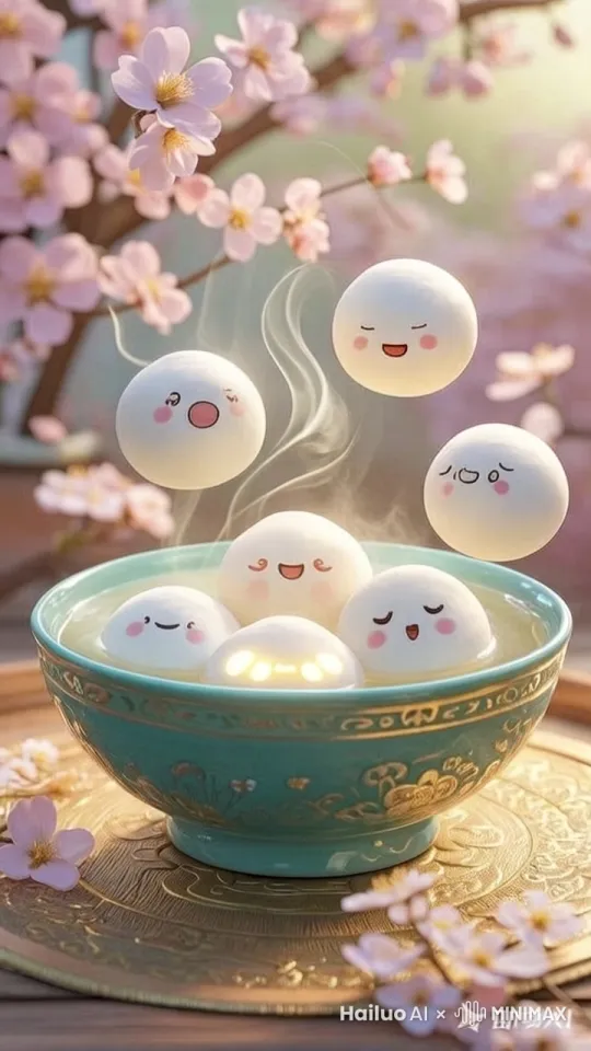 "A bowl of steaming glutinous rice balls, 6-8 white mochi dumplings floating in a celadon porcelain bowl, each with different cute expressions (happy/blinking/sleepy/surprised etc), soft pastel color scheme, golden patterns at bowl bottom, floating cherry blossom petals in background, 3D cartoon rendering style, soft lighting, warm and healing atmosphere"8k by Hailuo AI Video Generator