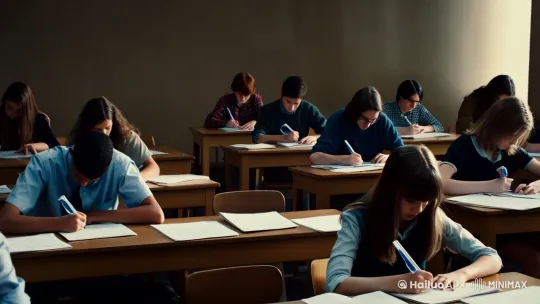 学生在考场考试，随后考生们的场景渐渐幻化成了战场，手中的笔成为了刀剑矛戟，考生们在激烈地厮杀，最后留下唯一的胜者 by Hailuo AI Video Generator