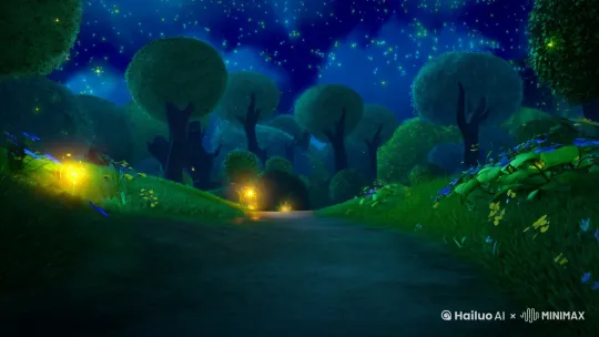 [上升,推进,跟随]夜晚，一条闪着星光和萤火虫的梦幻林中小路，树上有一个精灵住的花苞小屋，童话风格，插画风格，镜头慢慢向上推进，从整体聚焦到花苞小屋 by Hailuo AI Video Generator