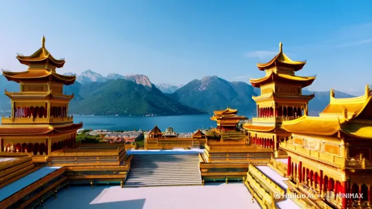 场景从山川湖泊变成亭台楼阁，再变成雄伟的宫殿，再变成繁华的都市，每个场景变幻时都是先推进镜头，再让现在的场景聚成一片烟雾，散开时出现下一个场景 by Hailuo AI Video Generator
