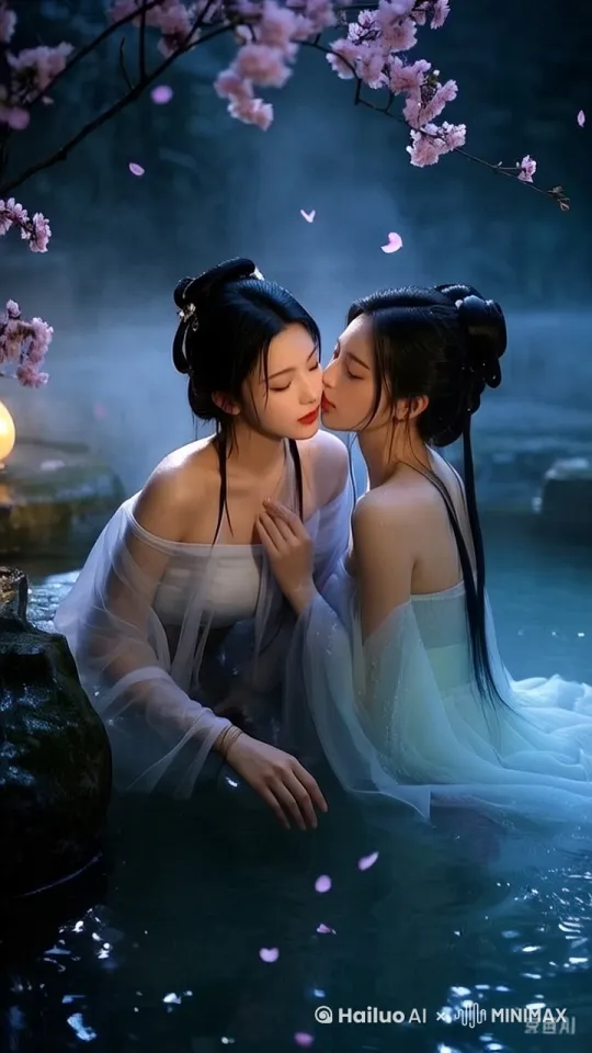 镜头慢慢向右侧环拍移动，，左边的女子转过头，两人的嘴亲上 by Hailuo AI Video Generator