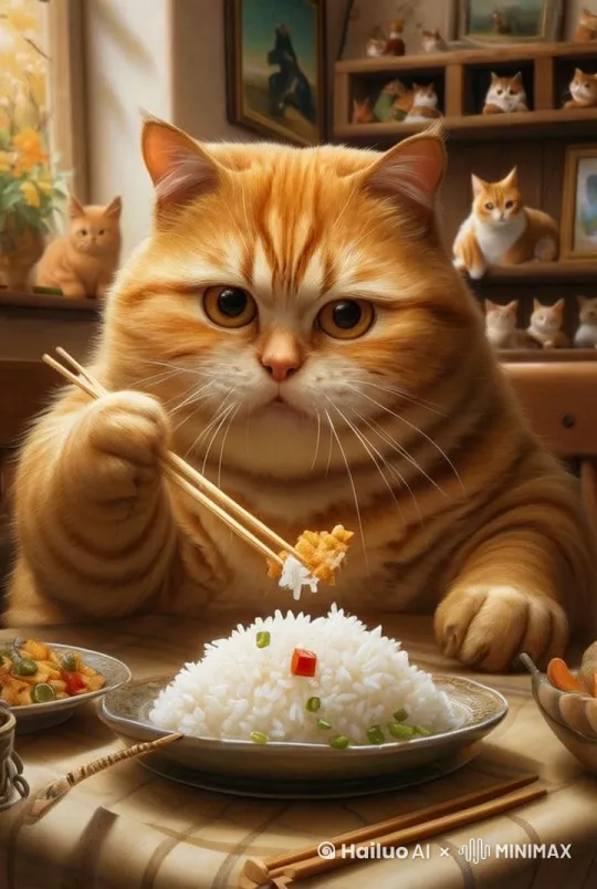 胖橘猫正用一只爪子拿着筷子，夹起一块菜，送入口中，腮帮子一鼓一鼓，吃得津津有味 by Hailuo AI Video Generator