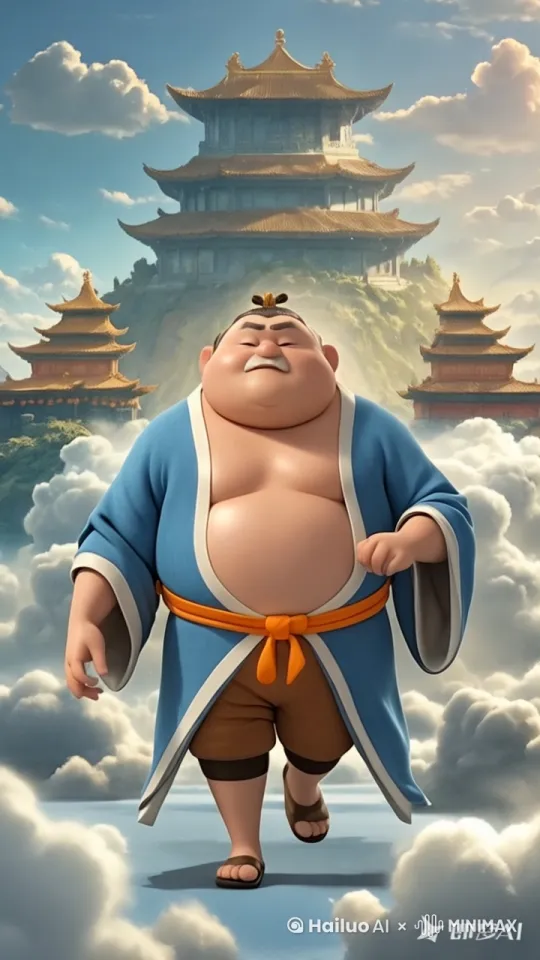 人物小碎步地走着，后方的宫殿距离镜头越来越远，云朵跟着镜头飘逸着 by Hailuo AI Video Generator