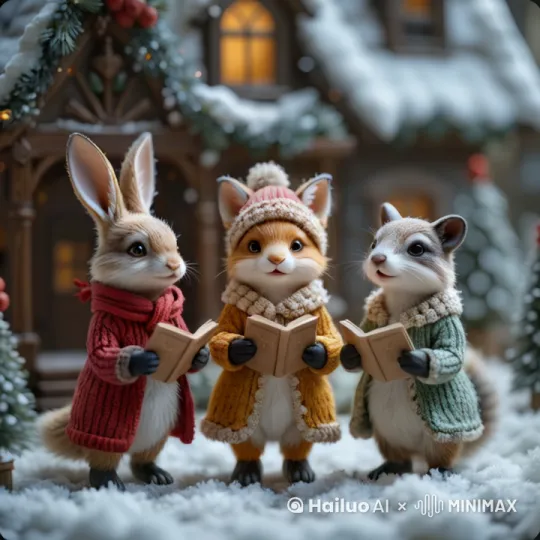 Animals sing Christmas carols, smooth moves, camera slowly moves by Hailuo AI Video Generator