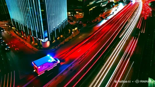 纪实摄影风格，繁忙都市街头，一辆救护车在街道上高速穿梭。车顶的蓝红警示灯如同跳动的心脏，闪烁不停，光影疾速扫过霓虹闪烁的摩天大楼与川流不息的车辆，留下一串串流动的色彩轨迹。构图采用动态追随技巧，救护车处于画面中心，镜头以跟随视角捕捉其疾驰瞬间，展现出紧张而生动的城市生活节奏。全景俯拍，动态追随镜头，强调速度感与光影效果。
[推进,上升] by Hailuo AI Video Generator