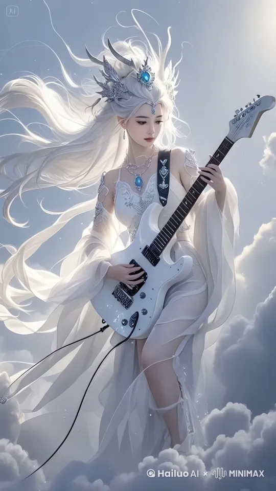 美女弹吉他，动起来，白云飘动 by Hailuo AI Video Generator