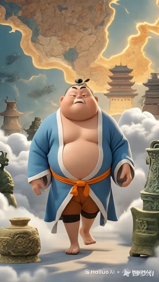人物小碎步地走着，，嘴巴说着什么，云朵和文物跟着镜头飘逸着，后方的地图也在慢慢变大 by Hailuo AI Video Generator