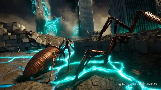 "post-apocalyptic wasteland, biomechanical insect swarm, 8k cinematic, hyper-detailed texture of rusted exoskeletons, shattered skyscrapers collapsing in slow motion, swirling radioactive dust storm, dramatic low-angle shot with fisheye distortion, neon-blue cracks glowing in cracked earth, dynamic particle effects of concrete debris, hdr lighting with toxic green accents, trending on artstation, unreal engine 5 rendering, dystopian atmosphere, overwhelming scale contrast --ar 9:16 --v 6.0" by Hailuo AI Video Generator
