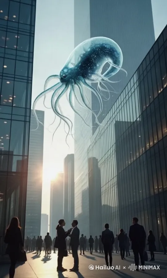 生物在空中自由 飘浮 触须舞动，人们纷纷仰望议论纷纷，镜头逐渐拉进提升。 by Hailuo AI Video Generator