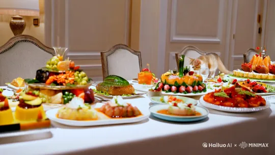 一只小猫在美食中行走 by Hailuo AI Video Generator