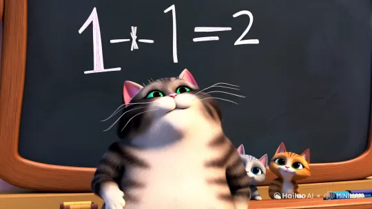 一只胖狸花猫坐在黑板前，它是猫咪老师，它在上课，黑板上写着1+1=2，下面有3只花色不同的小猫咪在听课，3只小猫咪抬起头，发出喵喵的叫声 by Hailuo AI Video Generator