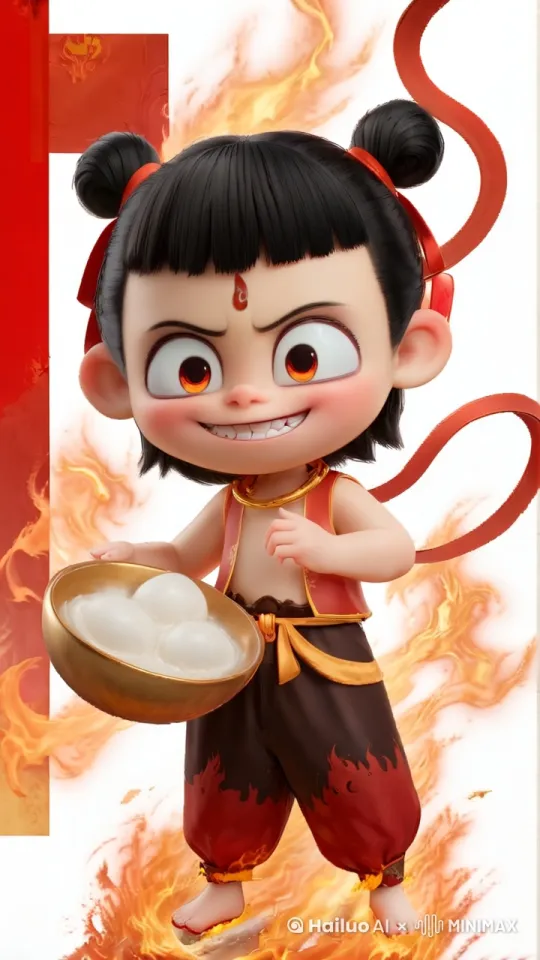 哪吒打了套中国功夫，迅猛直拳，飞踢连击，快速闪避，贴身擒拿，回旋肘击 ，弹腿快攻，激烈紧张，然后把汤圆递给观众吃 by Hailuo AI Video Generator