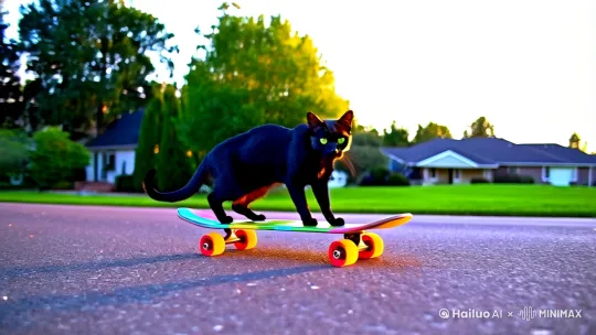 一只猫滑滑板 by Hailuo AI Video Generator