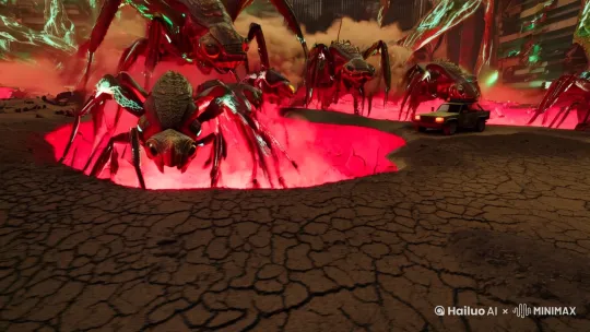 "Post-apocalyptic wasteland invasion scene, radioactive sandstorm with crimson lighting, colossal alien insect swarm emerging from cracked ground, bioluminescent veins glowing through chitinous armor, crumbling skyscrapers covered in organic tendrils, acid-damaged military vehicles, hyper-detailed 3D rendering of giant mandibles and compound eyes, dynamic low-angle shots with exploding dust clouds, cinematic color grading in burnt amber and toxic green, Octane Render, 8K ultra-realistic textures, trending on ArtStation" by Hailuo AI Video Generator