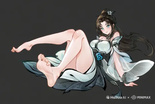 一个女人在摆动双脚,脸上带着笑容看着镜头 by Hailuo AI Video Generator