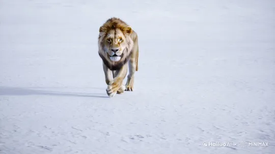[左移,右摇]一只成年雄性狮子在雪域高原上奔跑，姿态威严，自由而无畏的感觉 by Hailuo AI Video Generator