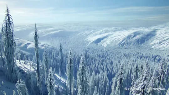 avata2 从远处飞过一片雪中的林海，镜头拉近，慢动作特写 by Hailuo AI Video Generator
