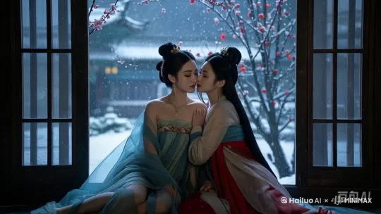 右边的女子嘴亲在左边女子的脸上，手也向下摸去 by Hailuo AI Video Generator