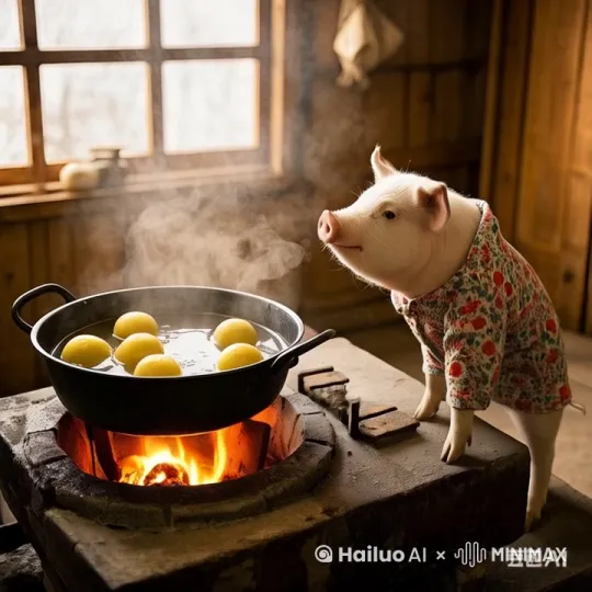 小猪伸手去抓铁锅，用力过猛，煮元宵的锅直接翻倒，盖在猪的头上，煮被水烫的，上蹦下跳 by Hailuo AI Video Generator