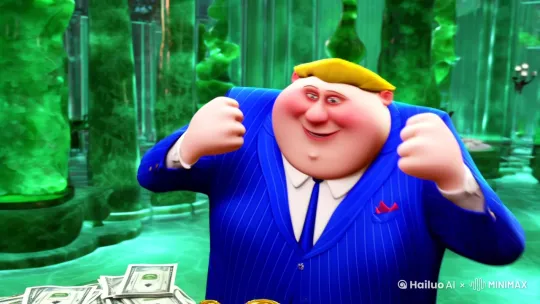 一个金色头发的美国白人，脸型扁，身体偏胖，穿着蓝色条纹西装，双手握拳，手背面向自己，左右晃动，舞动着，表情很开心，他的座椅桌子和屋子的墙壁地板都是玉做的，他身前的桌子上摆放着大量金子和钞票 by Hailuo AI Video Generator