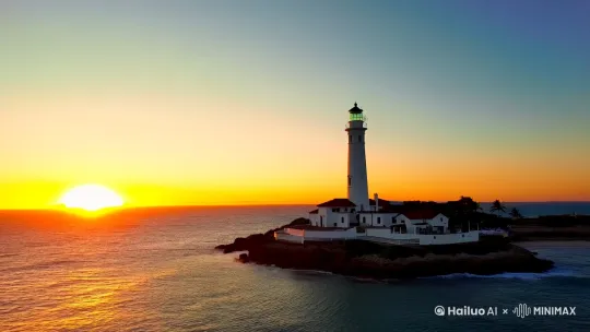 一台穿越机视角，穿越海岸，夕阳，白色灯塔，[左移,上升][推进,上升] by Hailuo AI Video Generator