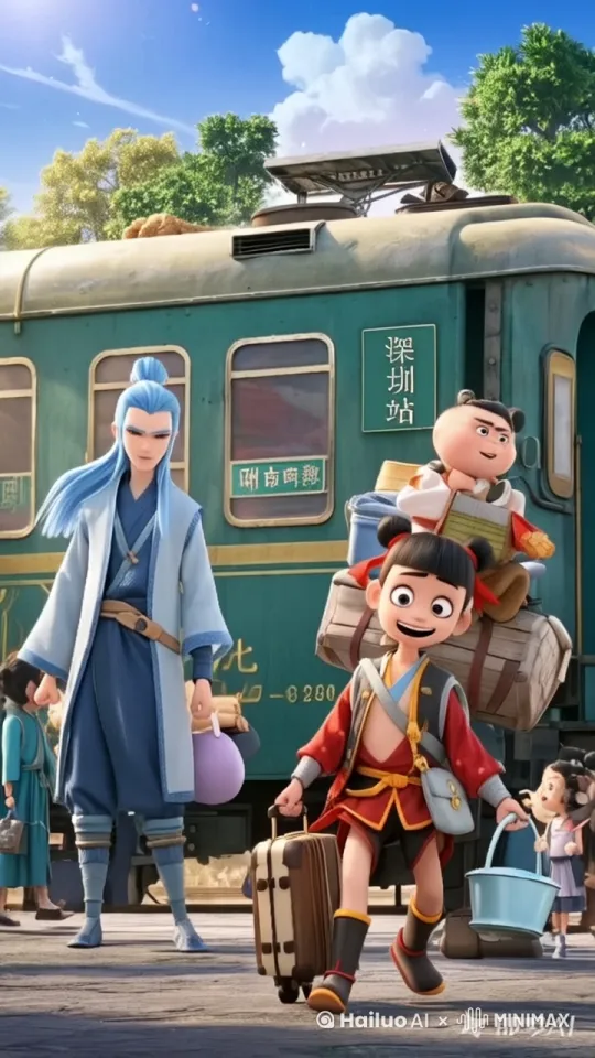 哪吒、敖丙、太乙真人到站走下火车，三人走出来准备出站。火车缓缓开动，人来人往 by Hailuo AI Video Generator