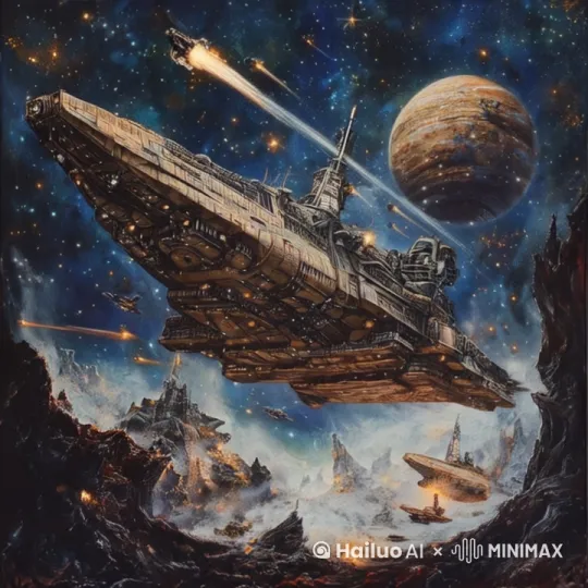 大俯视视角，古风奇幻星空战场与星际战舰。狂风在星空中呼啸，星辰闪烁，璀璨夺目。在这片浩瀚的星空中，一场激烈的星际战争正在进行着。双方的星际战舰在星空中穿梭飞行，战舰的表面闪烁着金属的光泽，装备着各种强大的武器。有巨大的激光炮台发射出炽热的激光束，有导弹在空中划过一道道绚丽的轨迹。在战场的中心，一艘巨大的母舰悬浮着，母舰的甲板上，战斗机甲和士兵们正在忙碌地准备着战斗。远处，星空中出现了一颗巨大的行星，行星上爆发着强烈的能量波动，仿佛是某种神秘的力量在影响着这场战争。画面色调绚丽而充满科技感，展现出一个充满奇幻与科技的星际战争世界。 by Hailuo AI Video Generator