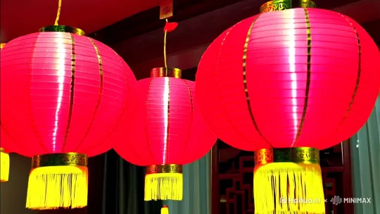 红灯笼高高挂，一家人围坐在餐桌前，桌上摆满汤圆和美食。 by Hailuo AI Video Generator