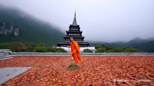 远山中有一座寺庙，周围雾气氤氲环绕[推进,上升]，寺庙门前站立着一位身穿橙色道袍的佛教禅修僧人在打扫门前的落叶[推进]，僧人对着镜头微笑，左手摆出一个邀请的动作，示意摄像头进入寺庙内院[拉远]。 by Hailuo AI Video Generator