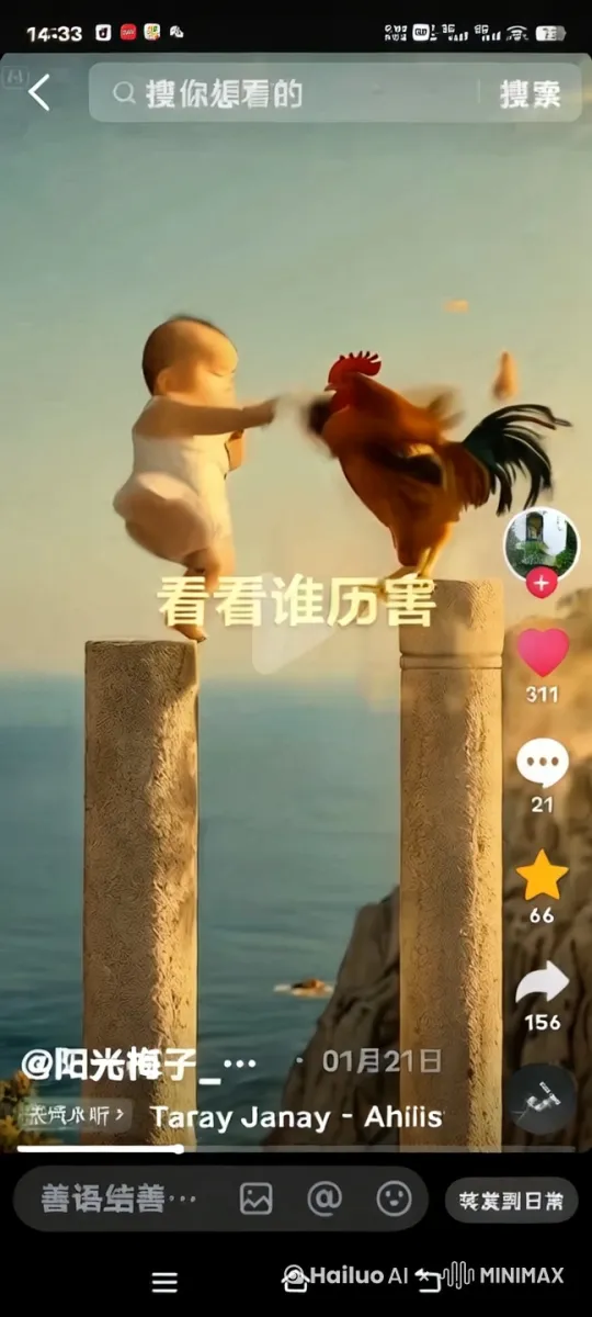 人和鸡史诗般的暴力打斗场面，镜头限随图片中的人鸡拳打脚踢。快速暴力动作片，生死战，电影级，3d版围绕人和鸡拳打脚踢动作非常快速，打出幻影，其中人、鸡都跳到半空中像陀螺一样旋转旋风踢，3D围绕跟随人鸡打斗打出爆裂 by Hailuo AI Video Generator