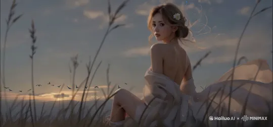 发丝和裙摆在微风中飘动，远处的大雁朝着这边飞来 by Hailuo AI Video Generator