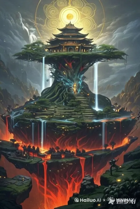 上方的瀑布在流动，下方的岩浆也在流动 by Hailuo AI Video Generator