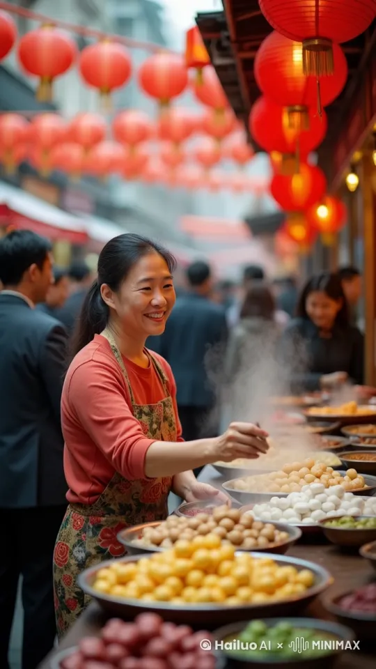 画面动态呈现，路上行人流动，店主开心卖汤圆，旋转镜头跟拍美女店主买卖细节 by Hailuo AI Video Generator