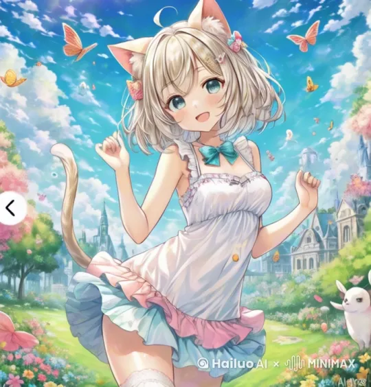 蝴蝶在天空中飞，少女的白裙在不断飘动，嘴角的微笑像夕阳般璀璨 by Hailuo AI Video Generator