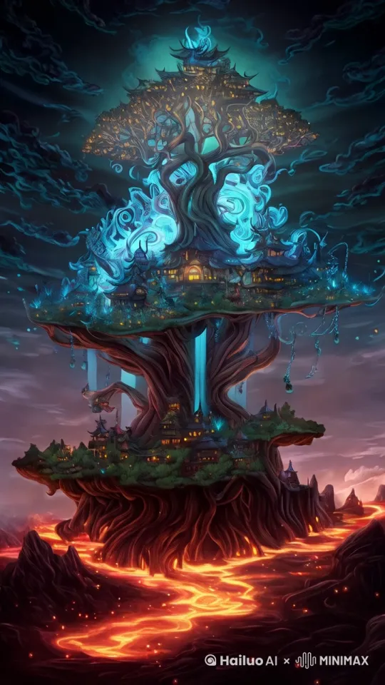 上方的瀑布在流动，下方的岩浆也在流动 by Hailuo AI Video Generator