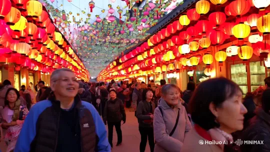 元宵节街上灯火通明，人来人往，热闹非凡画面色调自然写实 by Hailuo AI Video Generator