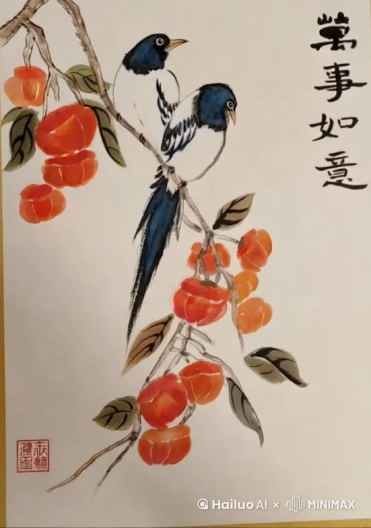 两只喜鹊  一前一后飞起来  去吃柿子  然后再飞回来停在树上 by Hailuo AI Video Generator