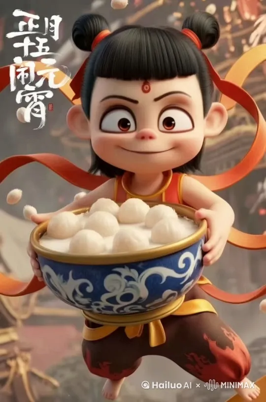 让图片里的卡通人物眼睛眨巴眨巴，嘴巴说着“元宵节快乐”，碗里的汤圆纷纷动起来 by Hailuo AI Video Generator
