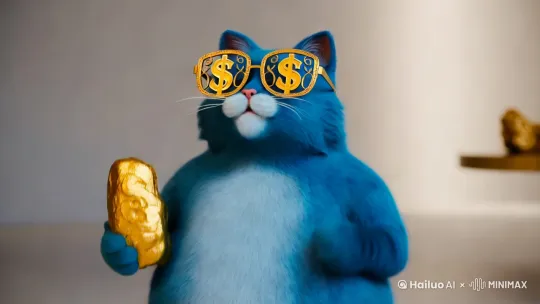 一个手捧元宝的蓝色胖猫人，戴着一副纯金美元符号样式的眼镜，在左拜右拜 by Hailuo AI Video Generator