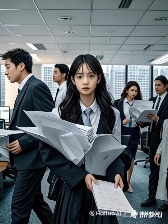 真人女孩，20岁，办公室场景，女孩坐在办公桌前，电脑屏幕亮着，桌上堆满文件，灯光昏暗，女孩眼神疲惫。她的脑海里不断浮现工作相关的画面：文件堆积如山，电脑屏幕闪烁，会议日程表，邮件提醒，截止日期倒计时。画面快速切换，压迫感强烈，女孩感到喘不过气，表情迷茫而压抑。 by Hailuo AI Video Generator