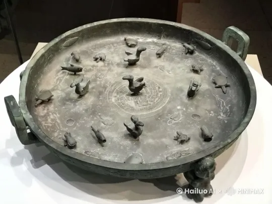 图中是山西青铜博物馆的文物晋公盘，让图中圆形盘子里边的小动物自由动起来，盘子内水波荡漾，水面有荷花。 by Hailuo AI Video Generator