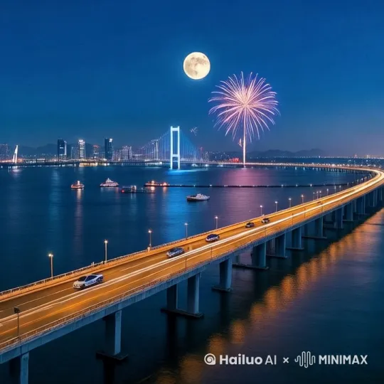 帮我生成一个视频：车流动起来，礼花绽放，游艇开动，比例 1:1。 by Hailuo AI Video Generator