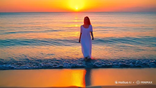 夕阳西下，金色的阳光洒在波光粼粼的海面上，海天相接处染上了一层绚丽的橘红色。一位身穿白色长裙的美丽女子赤脚漫步在沙滩上，海风吹拂着她的长发和裙摆，画面唯美动人。
运镜指令:
开场: 远景，镜头从海平面缓缓上升，展现辽阔的海面和天空，夕阳占据画面中心。
推进: 镜头缓缓推进，聚焦到沙滩上漫步的女子，捕捉她优雅的姿态和陶醉的神情。
环绕: 镜头围绕女子进行360度环绕拍摄，展现她与周围环境的融合，捕捉海风吹拂的动感。
特写: 镜头切换到女子面部特写，捕捉她凝望夕阳的深情目光和嘴角的微笑。
仰拍: 镜头从低角度仰拍女子，以夕阳为背景，突出她的剪影，营造唯美浪漫的氛围。
远景收尾: 镜头逐渐拉远，画面定格在女子漫步的背影，夕阳、大海、沙滩构成一幅美丽的画卷。 by Hailuo AI Video Generator