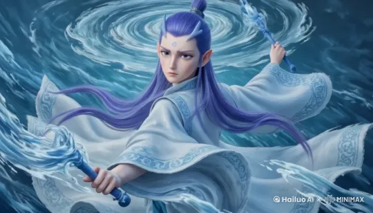 敖丙伸展水魔法，动态粒子效果，震撼，史诗级画面，电影质感，背景杭州钱塘江，水漩涡， by Hailuo AI Video Generator
