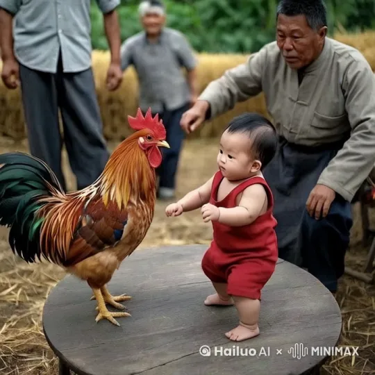 小孩和鸡史诗般的暴力打斗场面，镜头限随图片中的小孩和鸡拳打脚踢。快速暴力动作片，生死战，电影级，3d版围绕小孩和鸡拳打脚踢动作非常快速，打出幻影，其中小孩、鸡都跳到半空中像陀螺一样旋转旋风踢，3D围绕跟随人鸡打斗打出爆裂 by Hailuo AI Video Generator