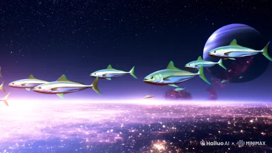 制作一部飞鱼在太空遨游的视频 by Hailuo AI Video Generator