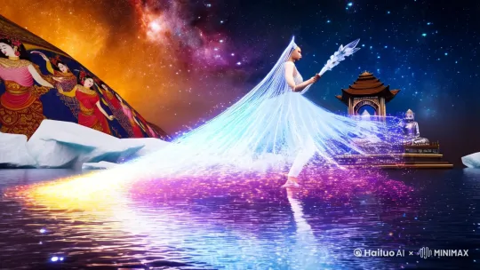 穹顶级IMAX视效(3秒疾速运镜),8K HDR流体粒子渲染, 雪纱神女赤足踏星河,每步激起量子涟漪绽开十二色虹光, 三千青丝逆重力悬浮构成星图轨迹,手持冰晶权杖释放符文风暴, 流仙裙摆自动解构重组,实时演算布料粒子化→星尘化→光子化三态转换, 背景平行宇宙交叠:左侧敦煌壁画飞天群像,右侧赛博观音机械佛龛, 时空冻结特效:飞鸟振翅凝固于第2.3秒,羽毛碎成纳米级光栅棱镜, 动态声波可视化:次声波震裂冰山呈分形几何纹样,超声波聚成发光梵文, 渲染管线:Unreal Engine 5.4 Lumen全局光照+NVIDIA Omniverse物理引擎 by Hailuo AI Video Generator
