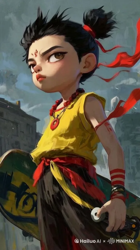 哪吒看向镜头，飘带在动，嘴巴在动，手指向镜头 by Hailuo AI Video Generator