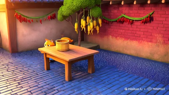 分镜1：晨光小院全景
镜头：广角俯拍
提示词：
"清晨阳光洒在北方农村小院，青砖地面泛着露水反光，旧木桌上摆着竹编菜篮，橘色虎斑猫系着蓝布围裙站在桌前，背景可见红砖墙挂着玉米串和辣椒，枣树枝条垂在院墙上，4K高清，吉卜力动画风格，温暖光晕"

分镜2：挑选食材特写
镜头：中景平视
提示词：
"橘猫毛茸茸的爪子捧着鲜红西红柿，尾巴卷起鸡蛋篮，木质桌面上散落着葱段，陶碗反射晨光，猫耳微微抖动专注表情，背景虚化的石磨和鸡群走动，宫崎骏画风，柔焦处理"

分镜3：切菜动态镜头
镜头：低位仰角
提示词：
"拟人化橘猫直立握菜刀，前爪按着西红柿切片，围裙带子随风飘动，案板旁堆着切好的月牙状番茄，木窗棂透进金色光束，飞溅的汁水动态定格，新海诚风格光影，超现实细节"

分镜4：打蛋碗特写
镜头：俯视微距
提示词：
"旧陶碗里三颗蛋黄晃动摇曳，猫爪握着筷子正在搅拌，蛋液拉丝效果，桌角露出半截蓝印花布，背景虚化的土灶台冒着热气，伦勃朗式用光，油画质感"

分镜5：热锅起油瞬间
镜头：侧面中景
提示词：
"铸铁锅在土灶上冒起青烟，橘猫垫脚掌勺倒油，火光照亮胡须，柴火堆噼啪作响，背景挂着腊肉和干菜，浮世绘配色，运动模糊处理热浪效果"

分镜6：翻炒过程特写
镜头：动态跟拍
提示词：
"番茄鸡蛋在锅中翻腾起金红漩涡，猫爪握木铲翻炒，蒸汽模糊玻璃窗，围裙沾染油渍，窗台陶罐插着野花，莫奈印象派笔触，高速快门定格飞溅油星"

分镜7：装盘成品镜头
镜头：顶部俯拍
提示词：
"青花瓷盘盛满西红柿炒蛋，猫爪撒上葱花，竹筷斜放盘边，背景虚化的木格窗透进丁达尔光线，食物热气形成爱心形状，写实渲染，8K超清细节"

分镜8：用餐场景收尾
镜头：广角平视
提示词：
"橘猫坐木凳前爪捧碗，尾巴卷着勺子舀饭，石阶上睡着花狗，晾衣绳飘着蓝布衫，远山淡影炊烟袅袅，新海诚式云层，治愈系插画风格" by Hailuo AI Video Generator